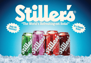 Four Stiller's soda cans lined up in ice against a bright blue background with large Stiller's branding and promotional text.